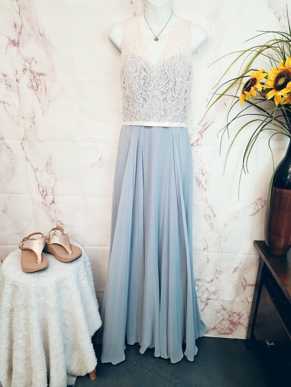 After Six Light Blue Lace Bodice Maxi Dress Formal Prom Bridesmaid Gown Size 6 - Picture 2 of 9